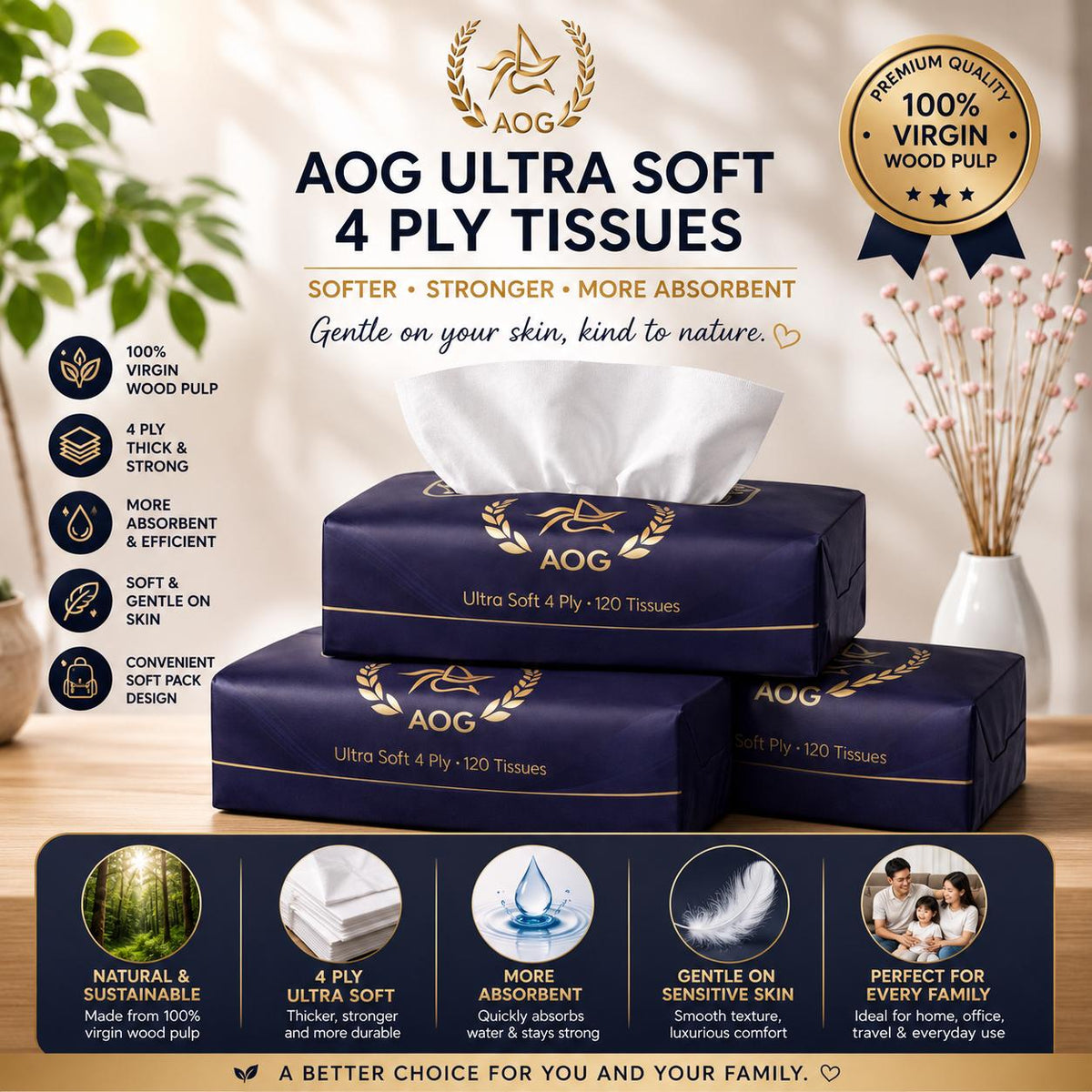 [SG Stocks] AOG Premium 4Ply Soft Pack Tissue - 120 Sheets